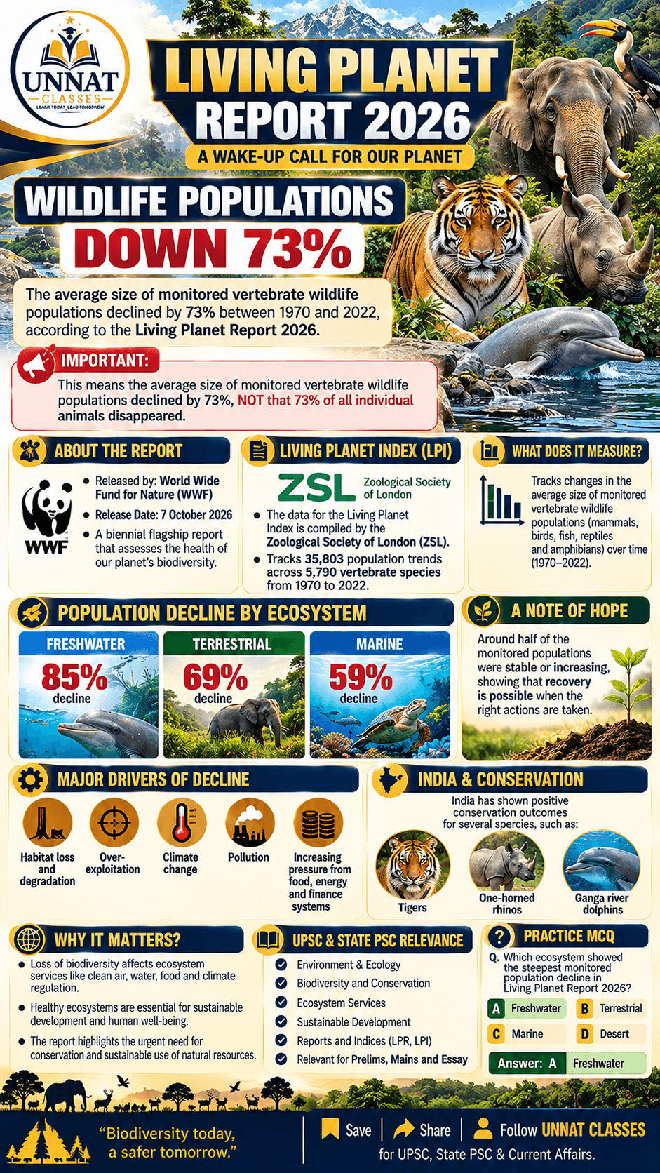 Living Planet Report 2026 🌍
Biodiversity under pressure! Explore key environmental findings and revise important facts for UPSC & State PCS. 🌿 — image 1 of 1