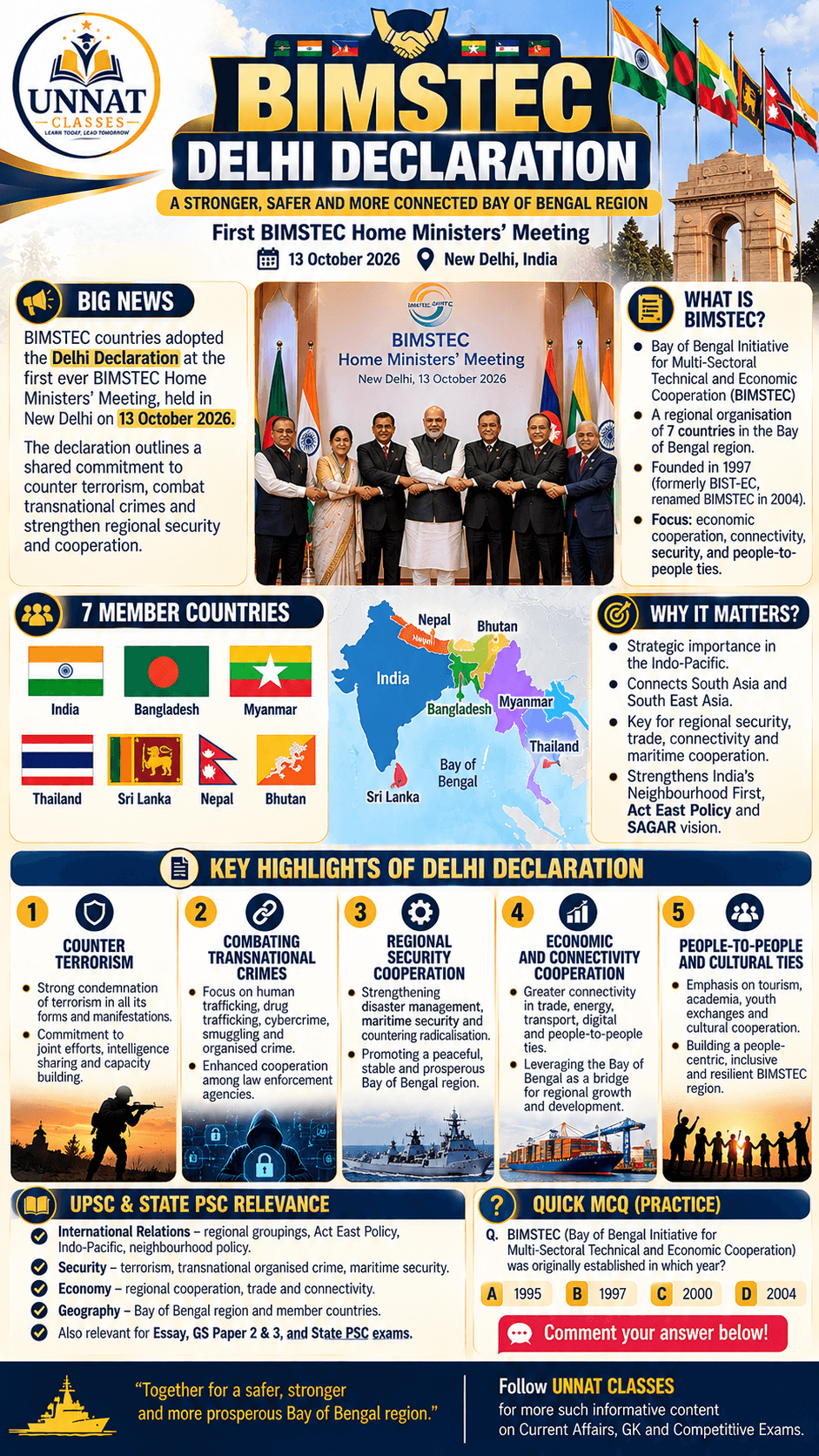 BIMSTEC Delhi Declaration 🌏
Regional cooperation meets international relations! Explore BIMSTEC, its member countries and the Delhi Declaration. 🤝 — image 1 of 1