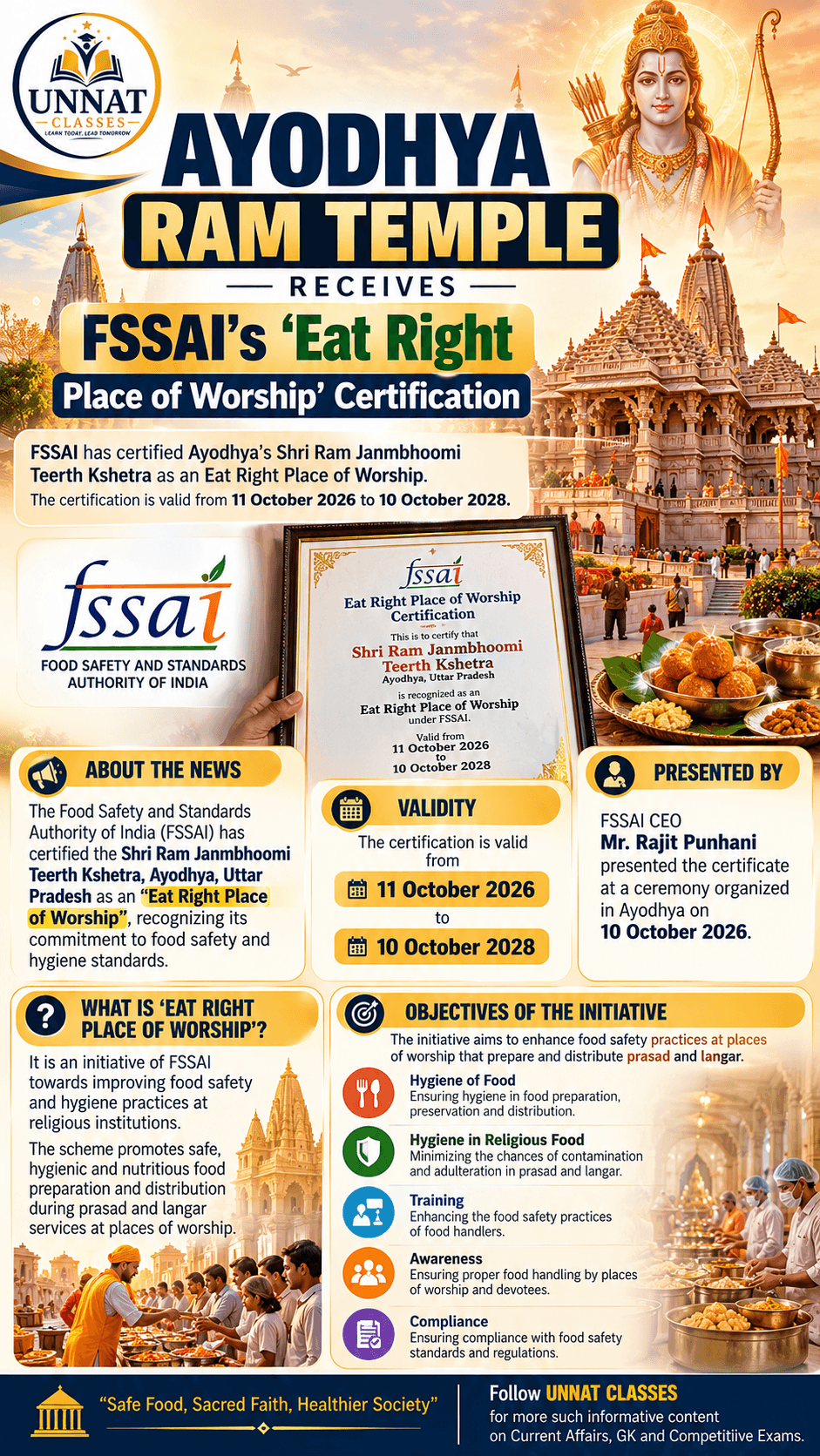 Ayodhya Ram Temple Receives FSSAI Recognition 🛕
Faith meets food safety! Learn about the FSSAI initiative, food hygiene and the Eat Right India movement. 🍽️

 — image 1 of 1